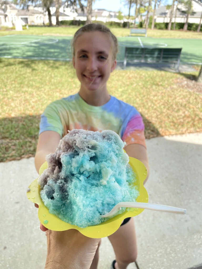 Hailey With a Blue and Purple Mixed Shaved Ice